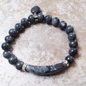 Norwegian Larvikite Bar Bracelet for 7" Wrist = Black, Silver + Grey Labradorite